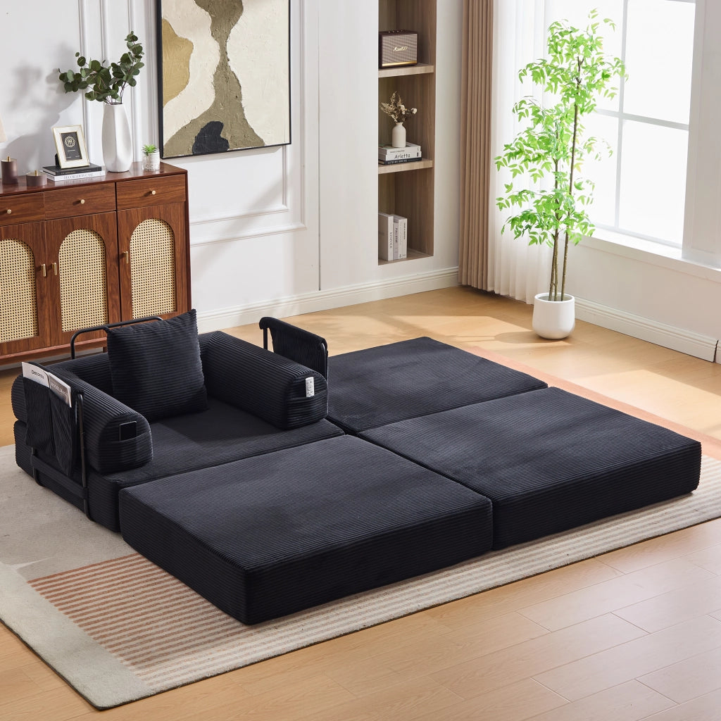 DIVANO Modulare 112x190x67 cm in tessuto a coste Nero con cuscino e pouf