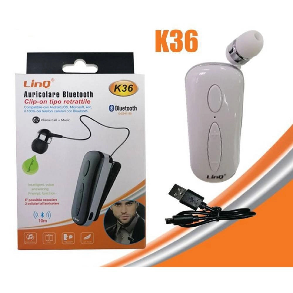 Trade Shop - Mono Auricolare Stereo Bluetooth Con Clip-on Retrattile Associa 2 Cellulari K36 -