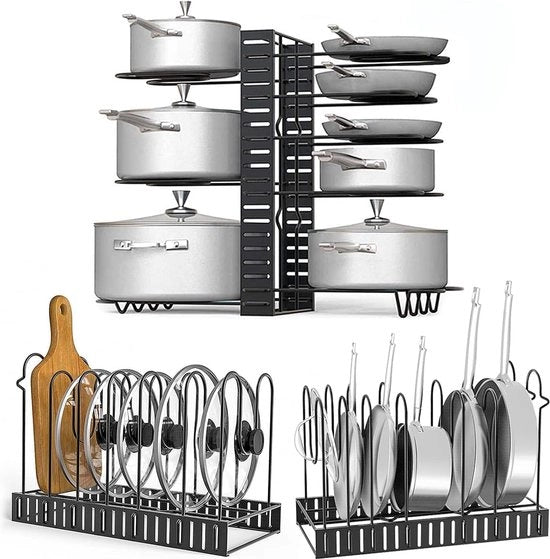 Pannello doppio, supporto coperchio con 8 distributivi regolabili, supporto ideale per coperchi pentole in 2 metodi DIY, nero