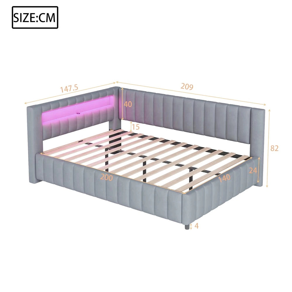 Letto Imbottito con LED e USB ¨C MINIMAL ¨C Velluto Grigio 140x200