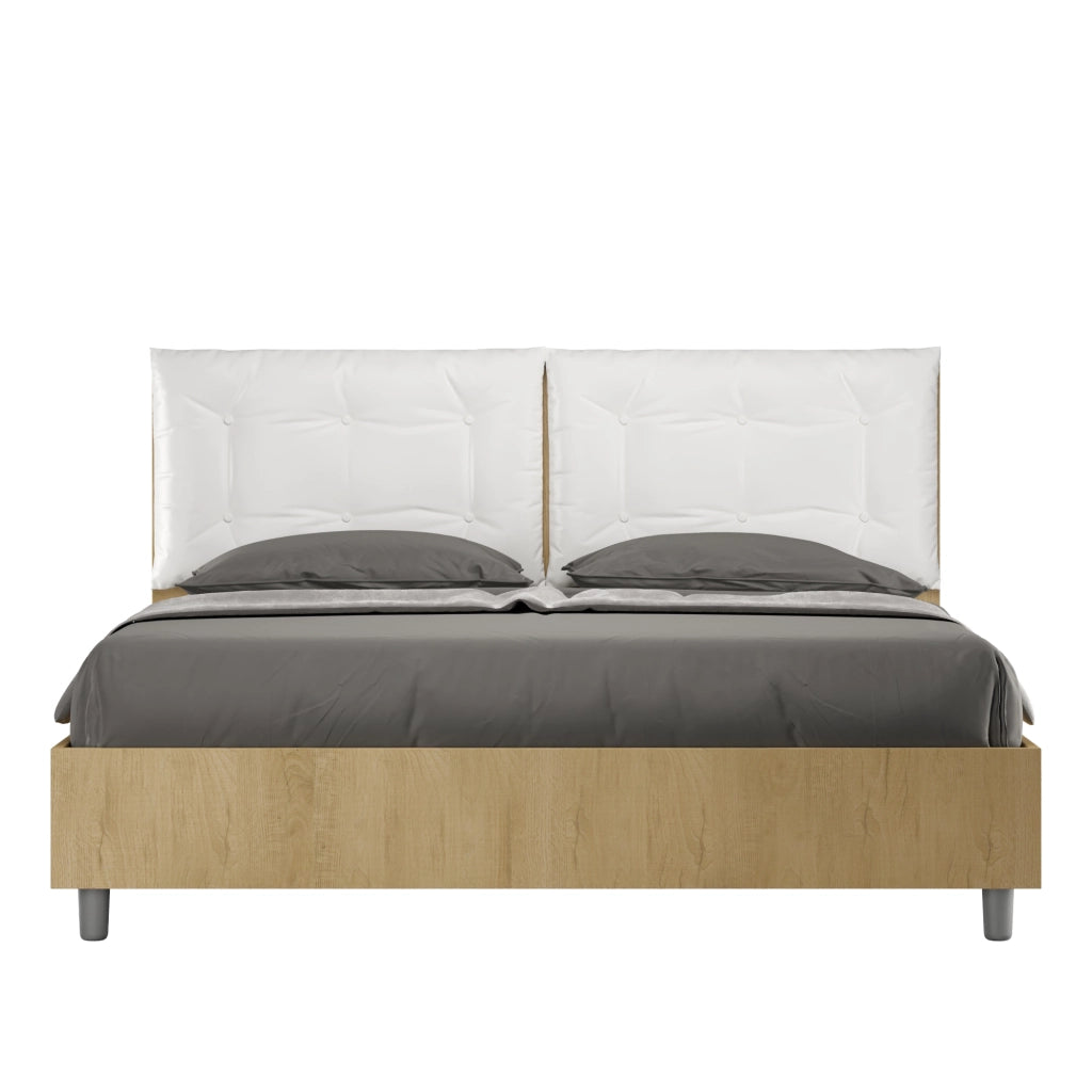 BS COM Letto matrimoniale con rete 160x190 quercia cuscini similpelle bianco
