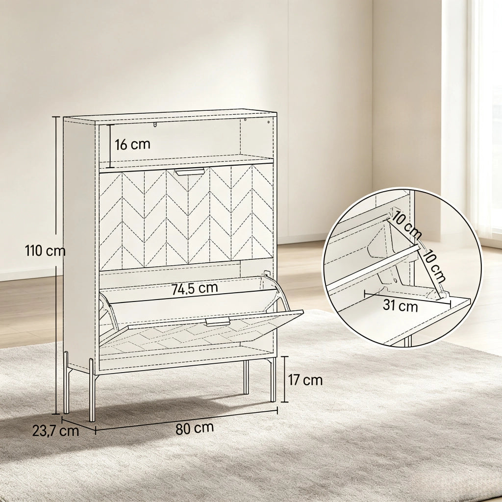 Scarpiera da ingresso con 2 ante a ribalta e vano aperto in MDF e pannello truciolare bianco 80 × 23.7 × 110 cm