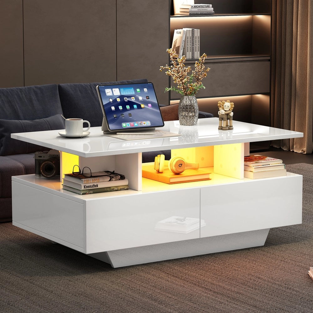 Tavolino da Caff¨¨ con LED e 2 Cassetti ¨C MINIMAL ¨C Lucido Bianco 90x55x41