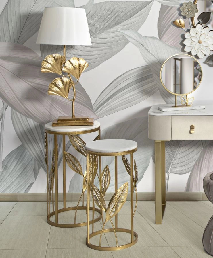 Set 2 Tavolini Leaf Ø35 cm e Ø30 cm in Ferro e MDF Oro