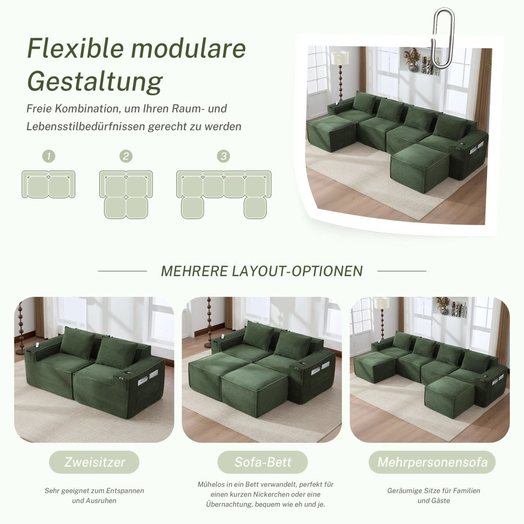 DIVANO modulare 4 posti in corduroy verde con 2 pouf