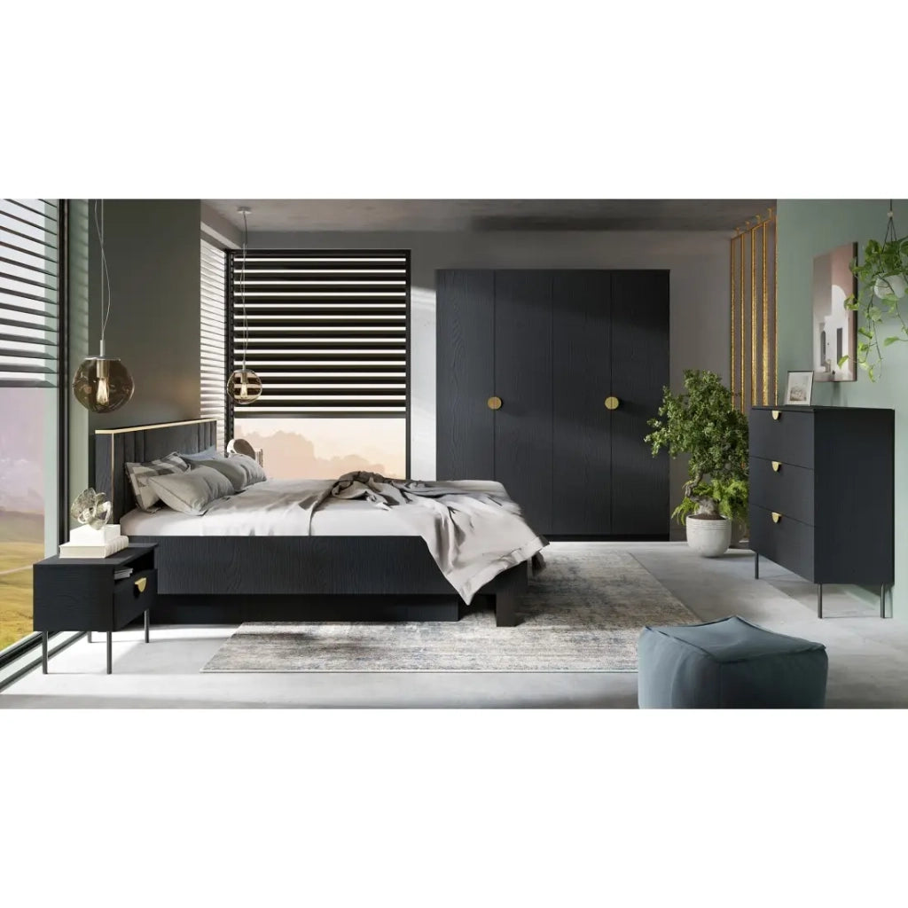 Letto MONDO – 180x200 cm – Nero strutturato e dorato – Piedi in metallo – Rete inclusa