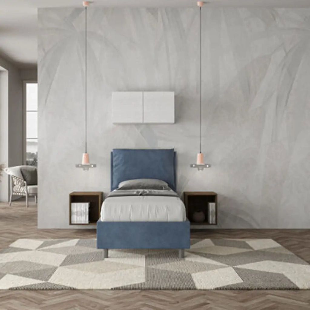Letto singolo con rete imbottito 80x190 microfibra blu Antea