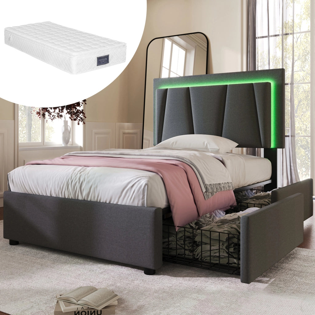 LETTO Singolo 90x200 cm Grigio con LED e 2 cassetti, testiera regolabile