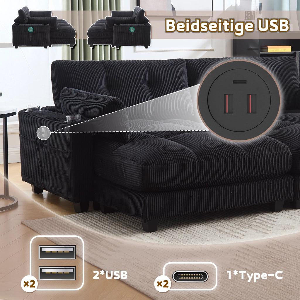 DIVANO 2 posti modulare 224x140x81 cm in corduroy nero con USB e cuscini