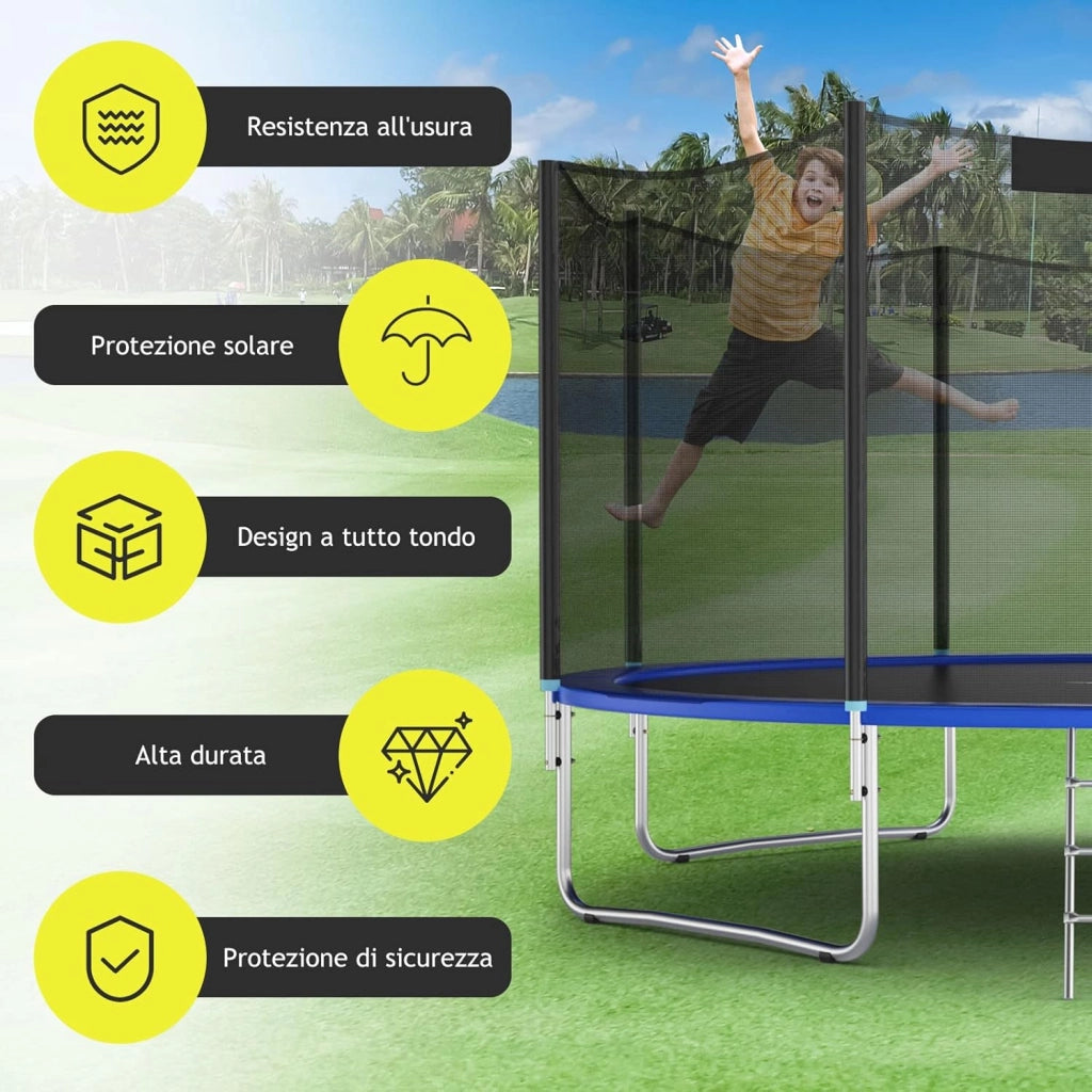 Rete per Trampolino Sostitutiva 244cm/305cm/366cm/427cm/457cm/488cm, Ideale per Struttura Rotonda con 6/8 Paletti con Doppie Cerniere, Fibbie di protezione e Ganci