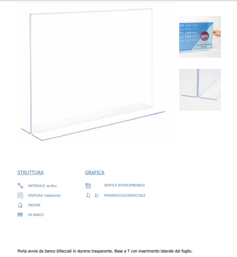 Porta avvisi con base a T da banco Bifacciale - A4 verticale