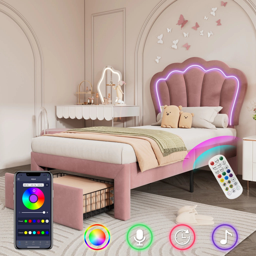 Letto Singolo Imbottito con Cassetti e LED ¨C MINIMAL ¨C Velluto Rosa 90x200