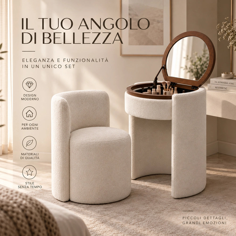 Toeletta Trucco in Legno con Specchio a Scomparsa Rivestimento Boucle Bianco