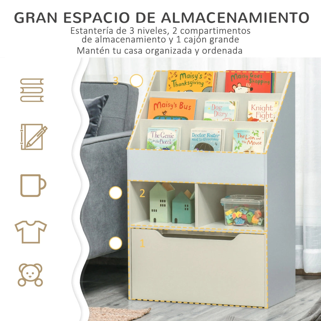 Libreria per Bambini con 3 Ripiani, 2 Cubi e Cassetti con Ruote ¨C Minimal ¨C 60x30x90 cm Grigio