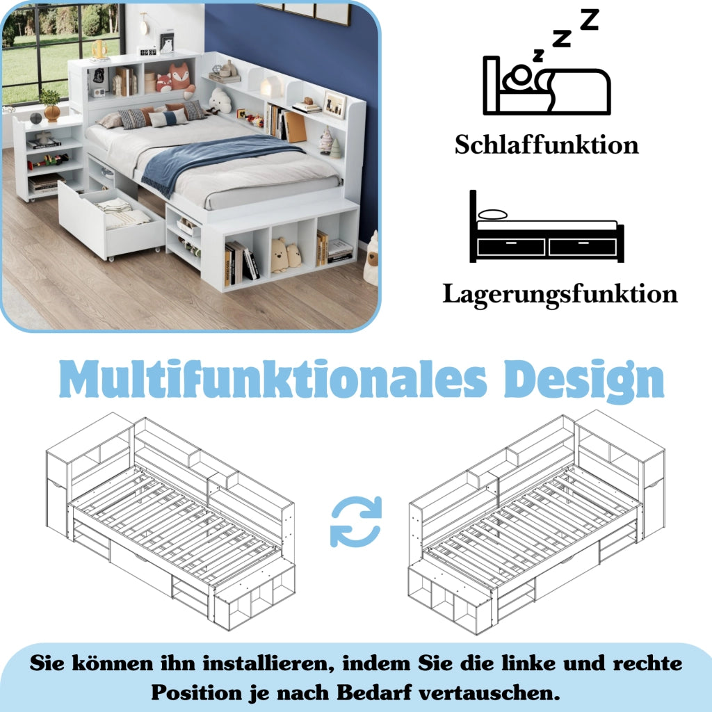 LETTO Multifunzione 90x200 cm Bianco con cassetti e libreria