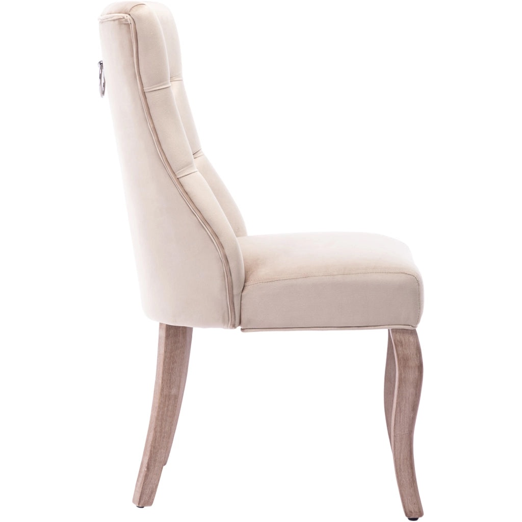 Sedia da pranzo in velluto con schienale alto e bottonatura, struttura in legno di caucciù stile moderno beige