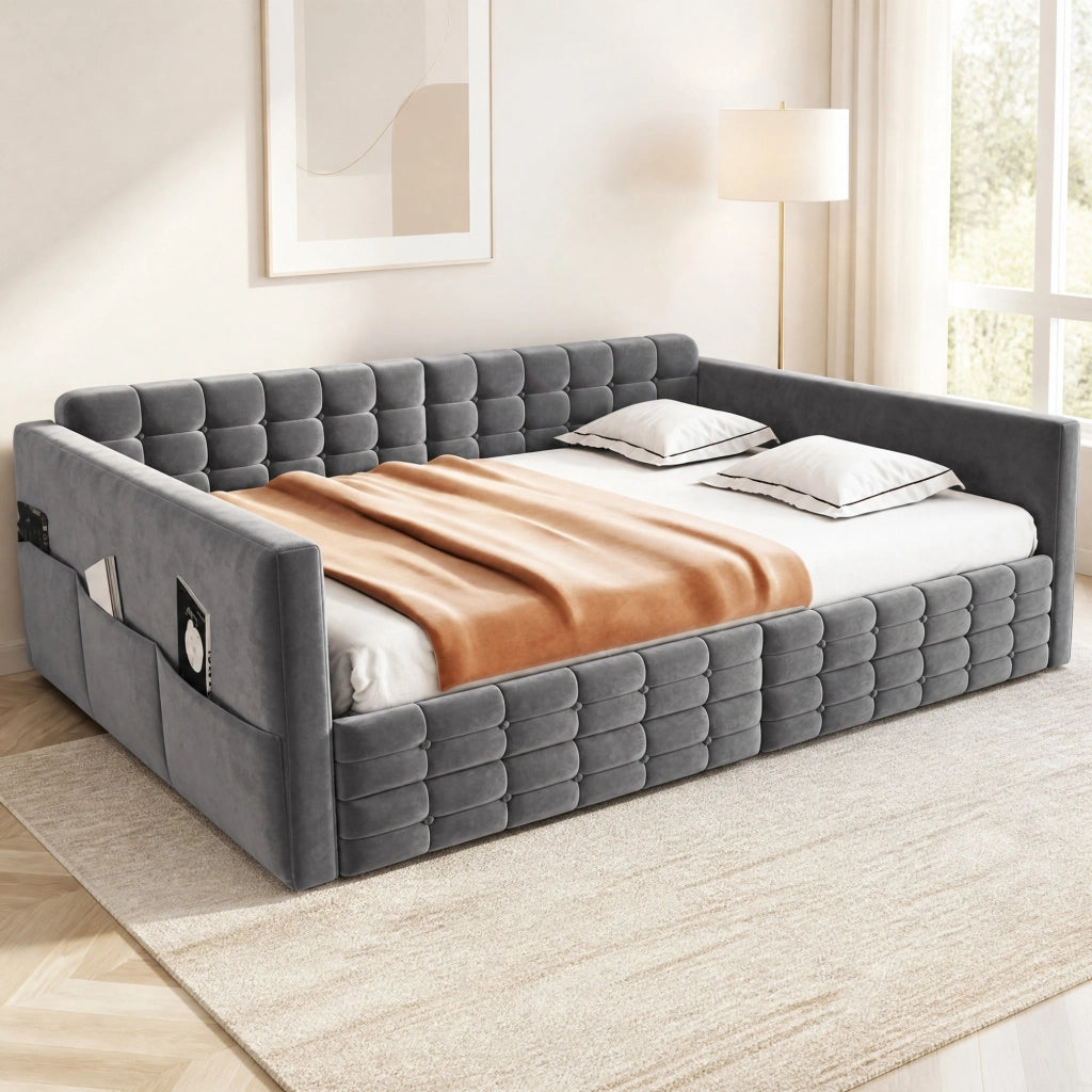 LETTO imbottito 140x190 cm grigio con cassetti e tasche laterali