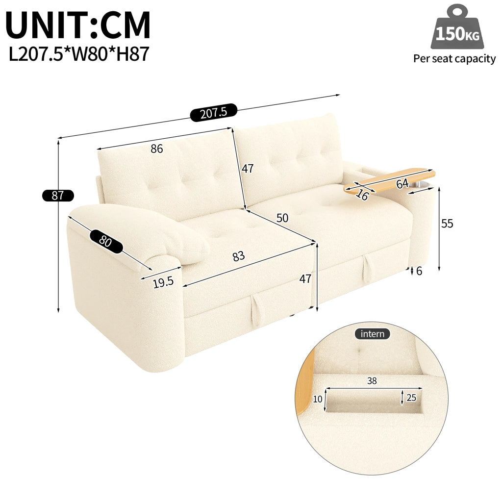 Divano modulare 2-3 posti in teddy, con contenitore, tavolino integrato e poggiatesta, Beige
