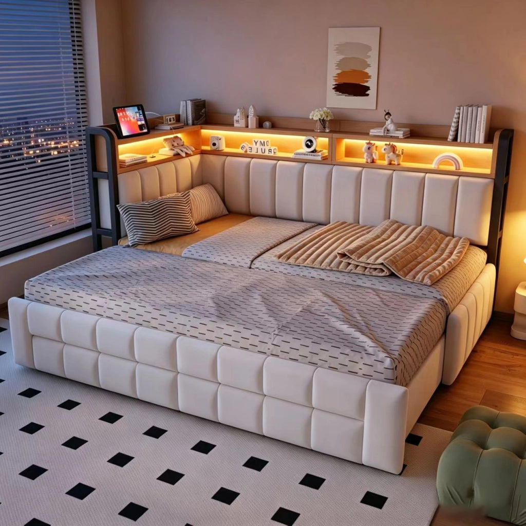 Divano letto imbottito 90/180x200 cm in velluto beige con LED; USB; Type-C e cassetti