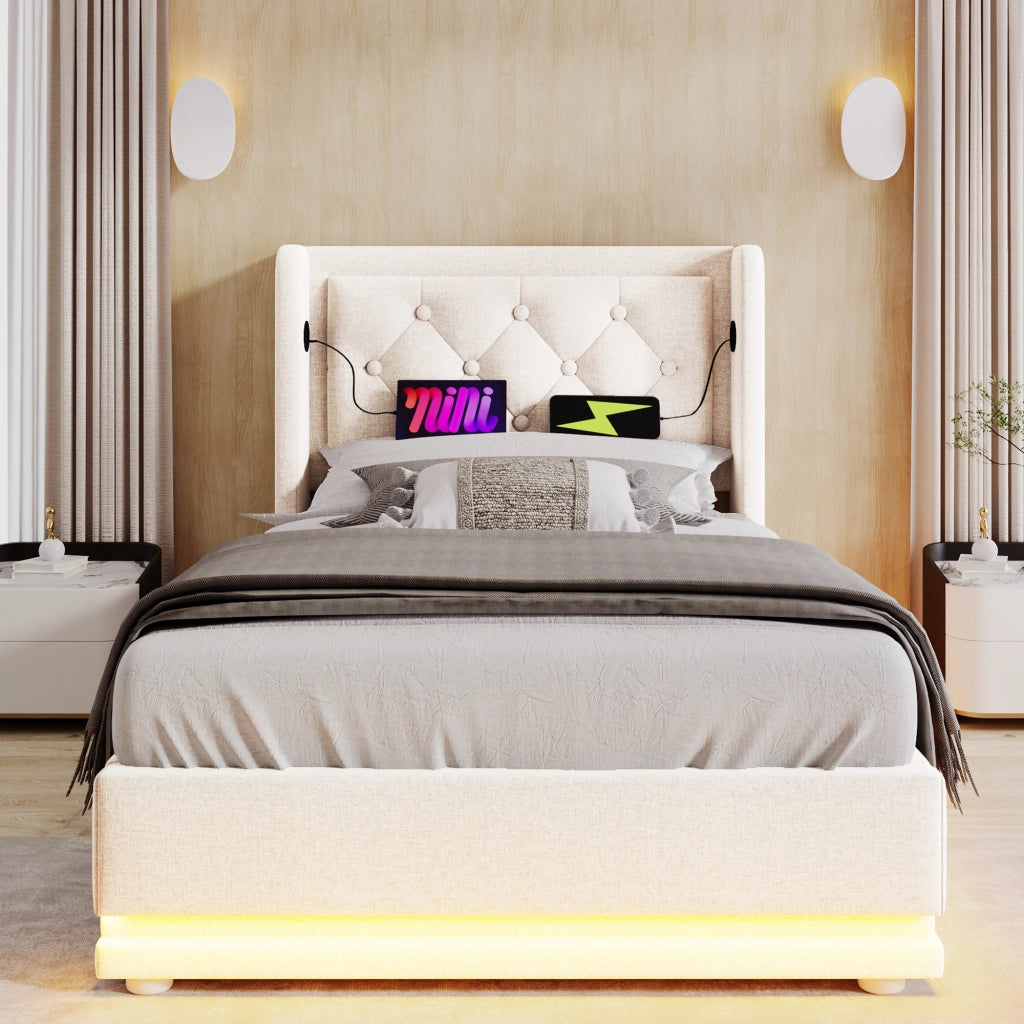 Letto contenitore singolo 90 × 200 cm con USB, porta Type-C e LED regolabile, senza materasso, beige in cotone