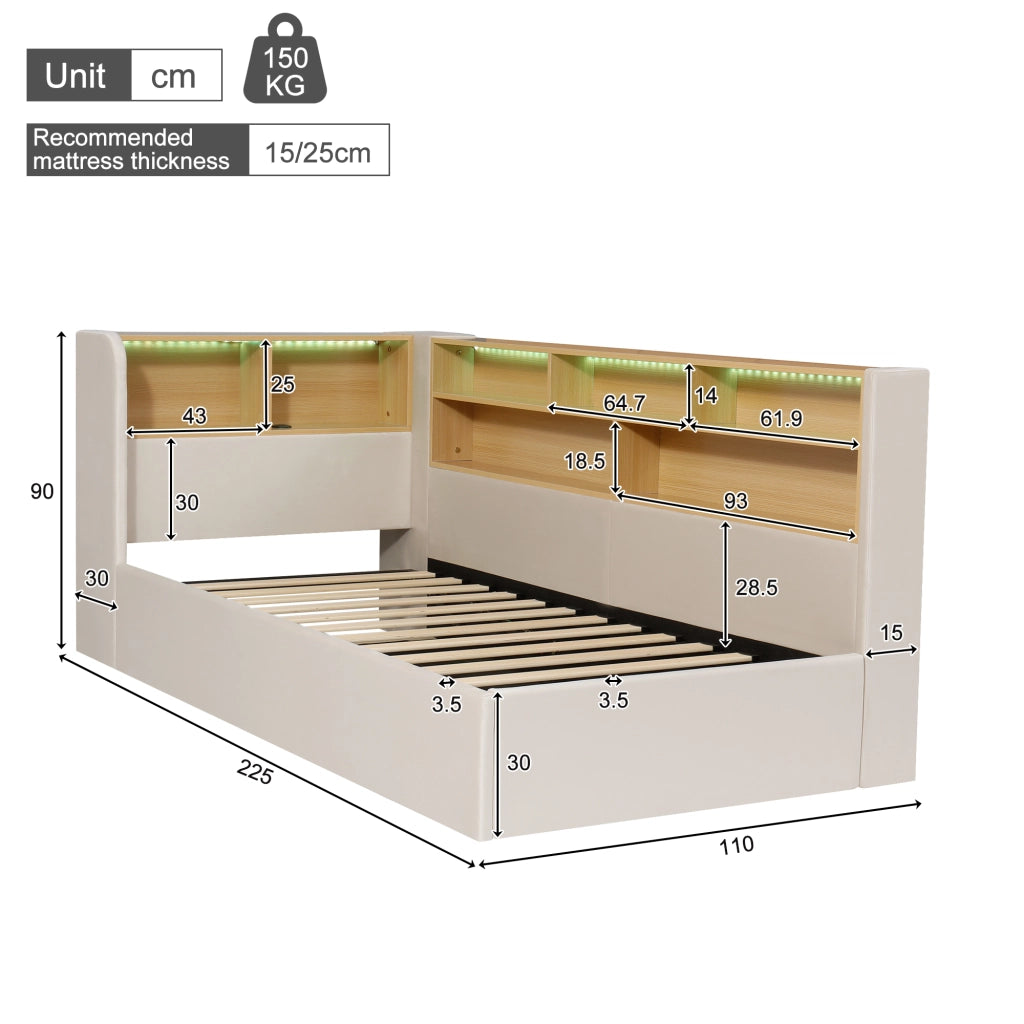 LETTO 90x200 cm con contenitore idraulico in velluto beige, LED, USB e USB-C