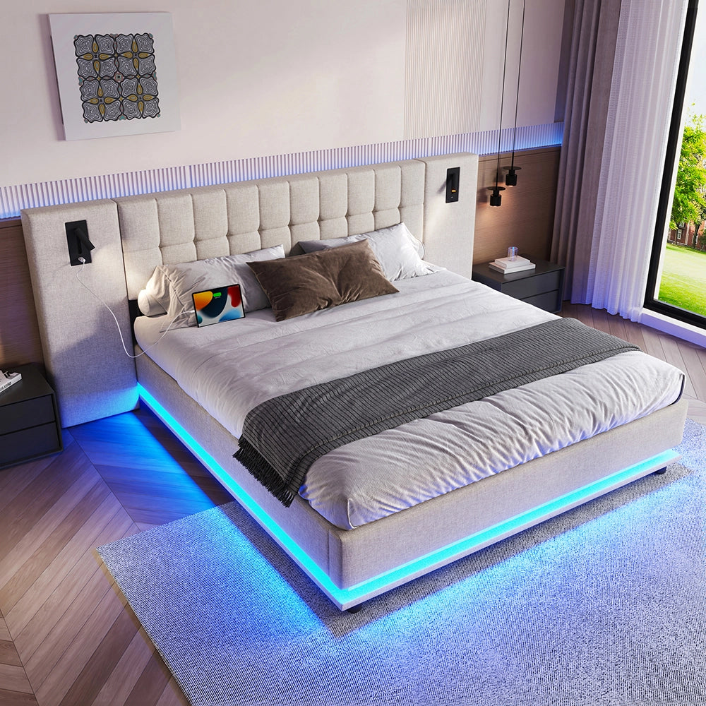 Letto-Xylo-180x200 cm-LED, spot, USB, lino beige