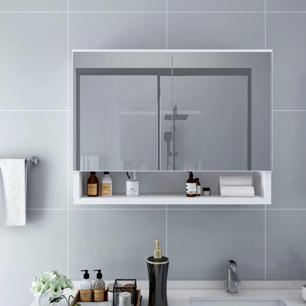 Armadietto a Specchio con LED-Mobile con specchio Bianco 80x15x60 cm in MDF