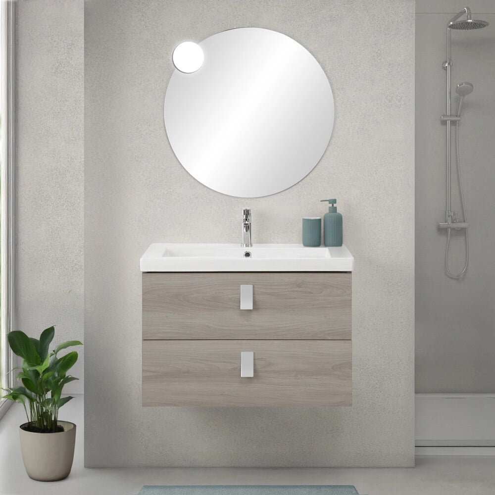 Mobile bagno sospeso 80 cm in rovere grigio con lavabo e specchio tondo Bravo