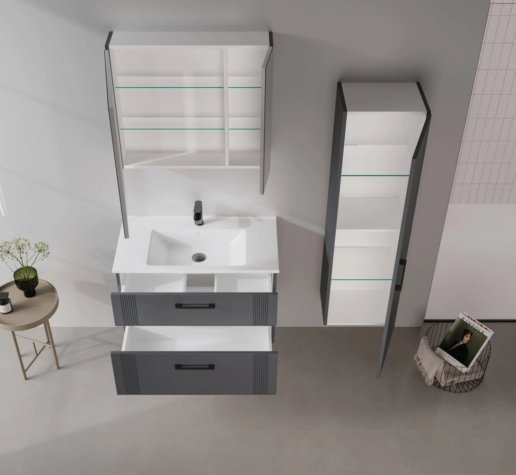 Set mobile lavabo con specchio (2 pezzi) "Bari 85 v2" - 85 x 45 x 55 cm - Antracite opaco