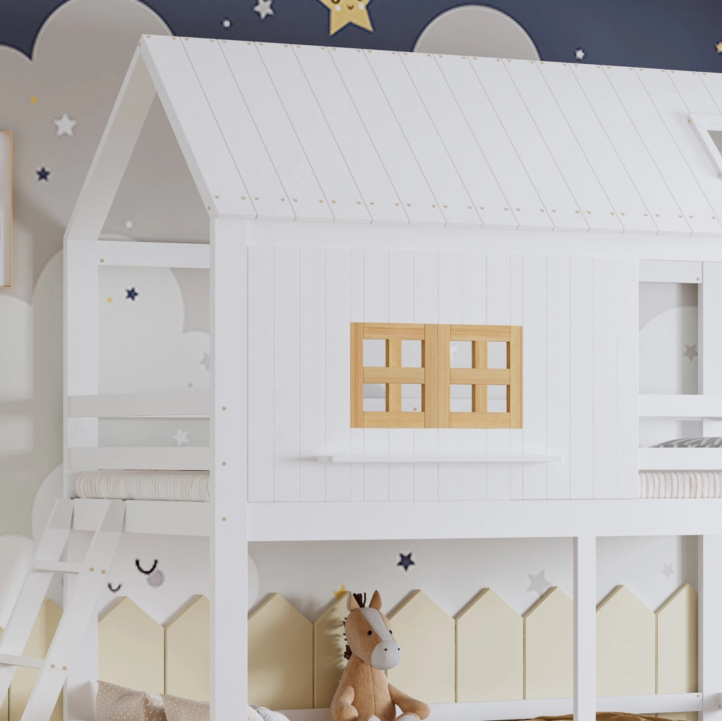 Letto a castello per bambini con finestre, tetto e due cassetti