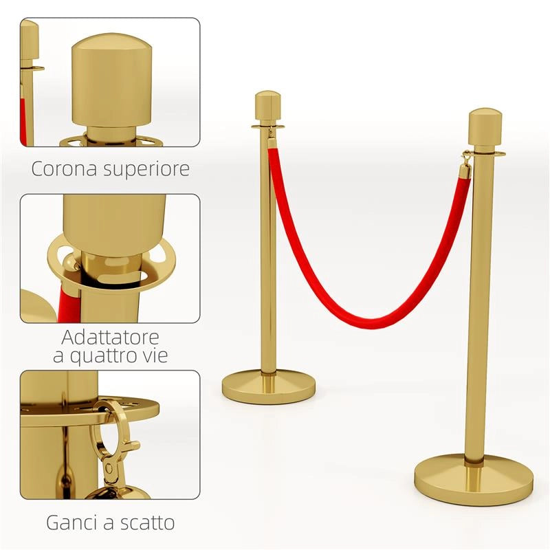 COLONNINE SEGNAPERCORSO IN ACCIAIO INOX ORO CON CORDA VELLUTATA ROSSA DI 1.5 M E BASE RIEMPIBILE Ø 32X96 CM
