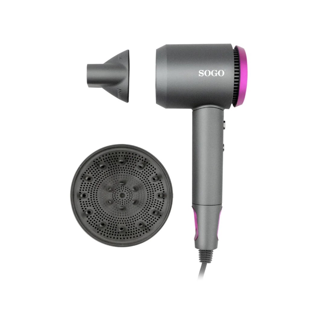 Asciugacapelli ionico 1800W con diffusore e concentratore magnetico, 4 temperature e display LED, per capelli lisci e ricci - Sogo