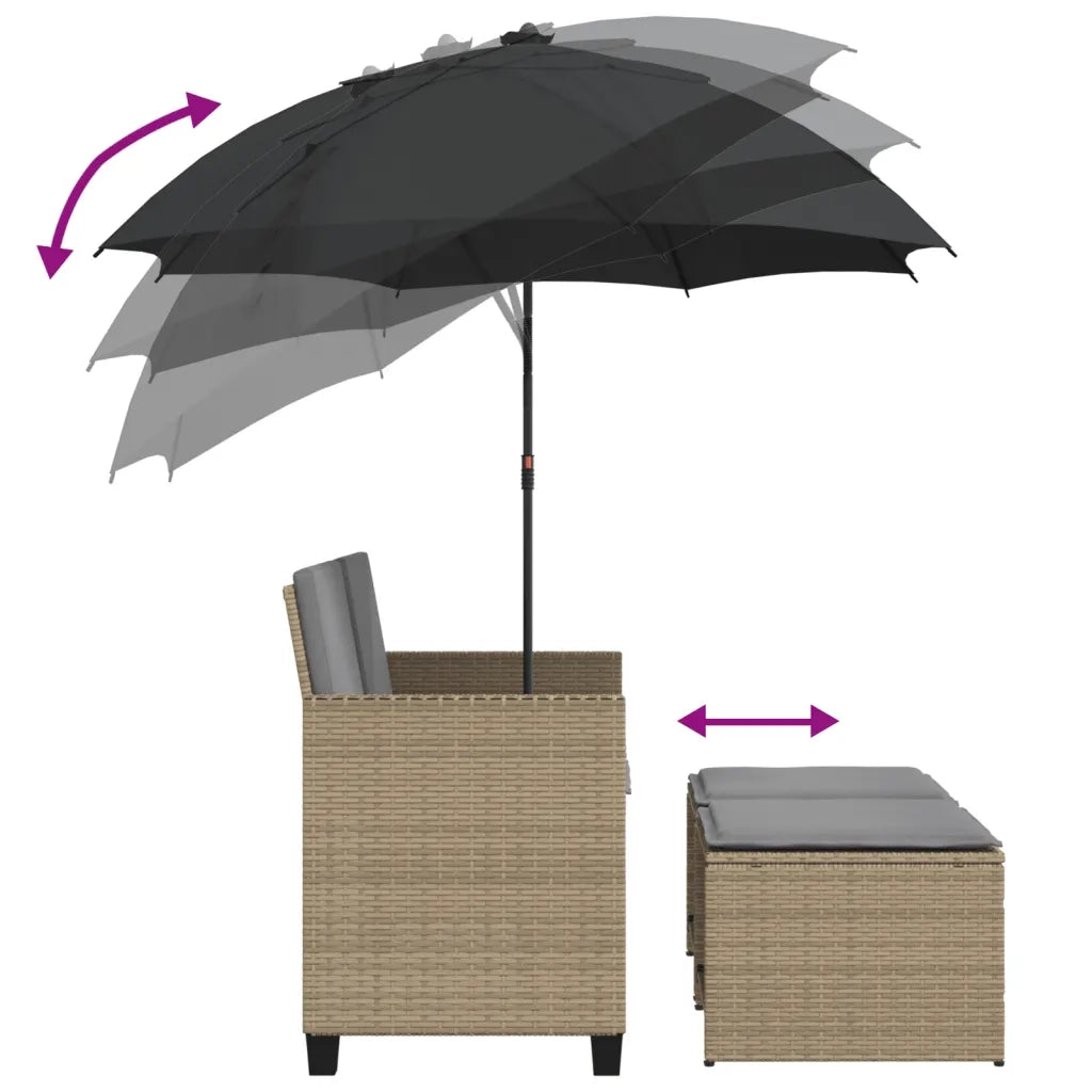 Divano Giardino 2Posti Ombrellone e Sgabelli Beige Polyrattan 365887