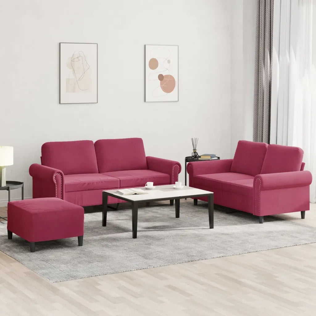 Set di Divani 3 pz con Cuscini Rosso Vino in Velluto