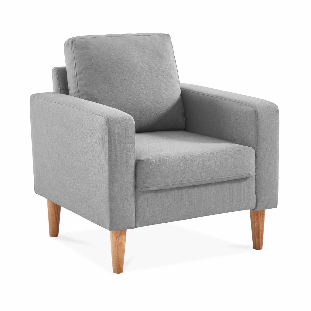 Poltrona scandinava in legno e tessuto, grigio chiaro