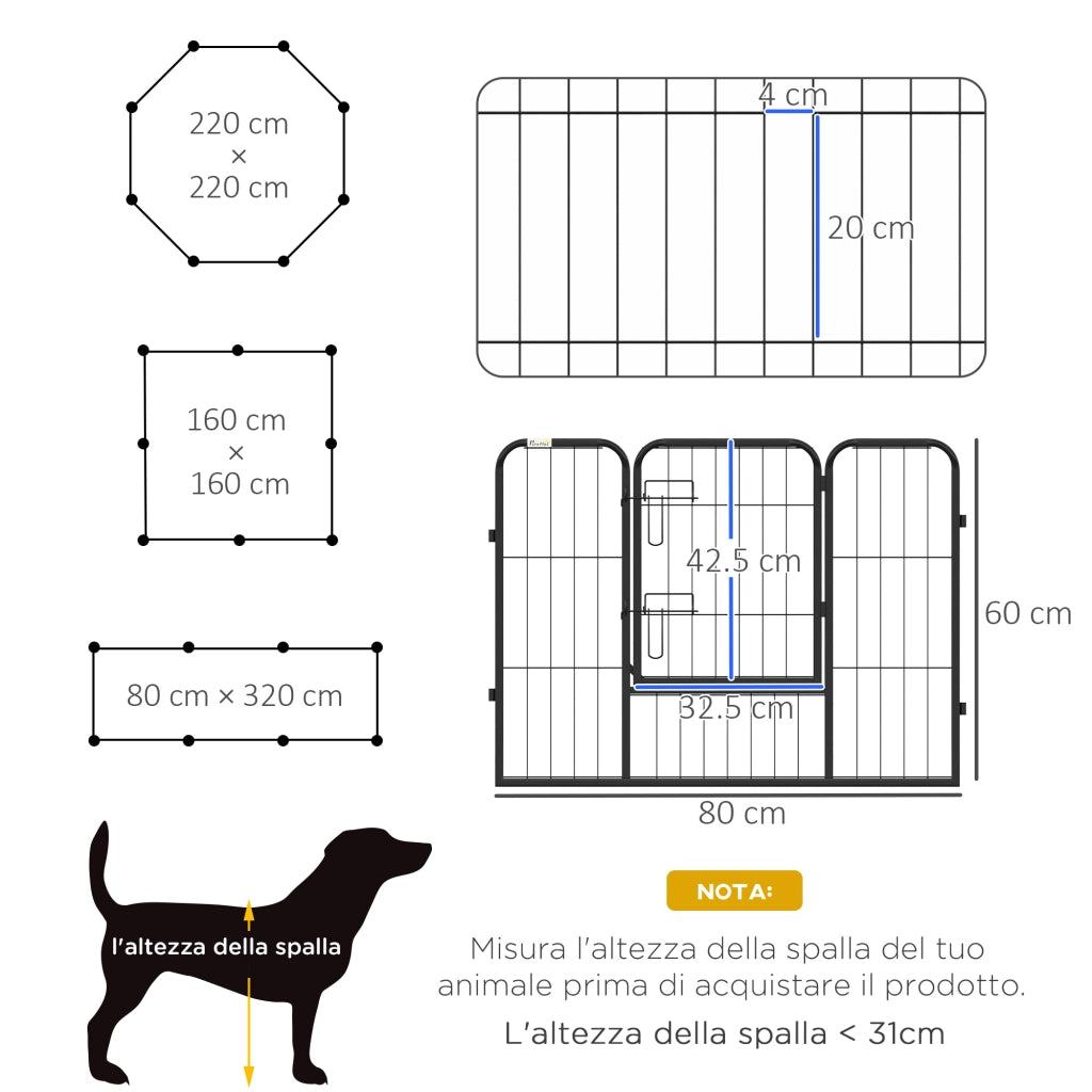Recinto per Cani 8 Pezzi ¨C Minimal ¨C Acciaio Nero 80x60 cm