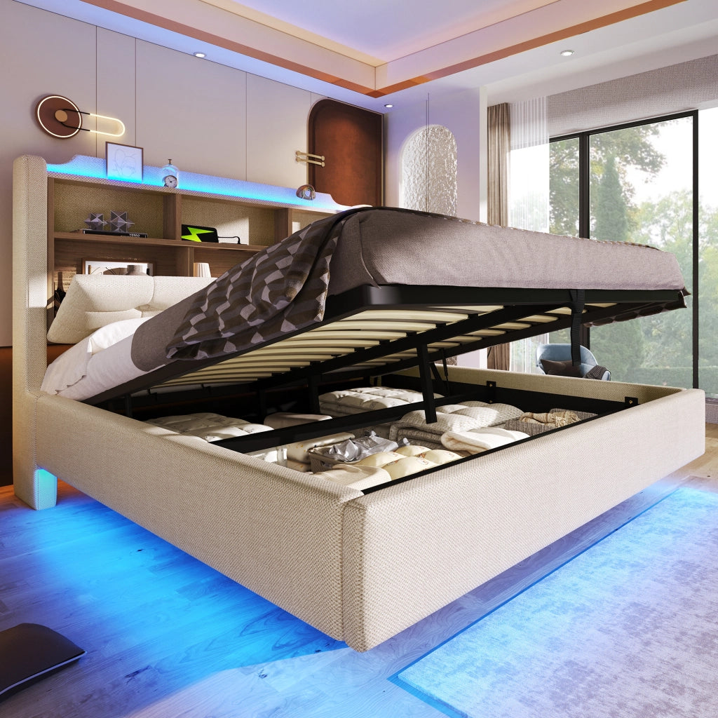 Letto imbottito 140x200 cm con LED, vano contenitore idraulico, USB e Type-C, beige