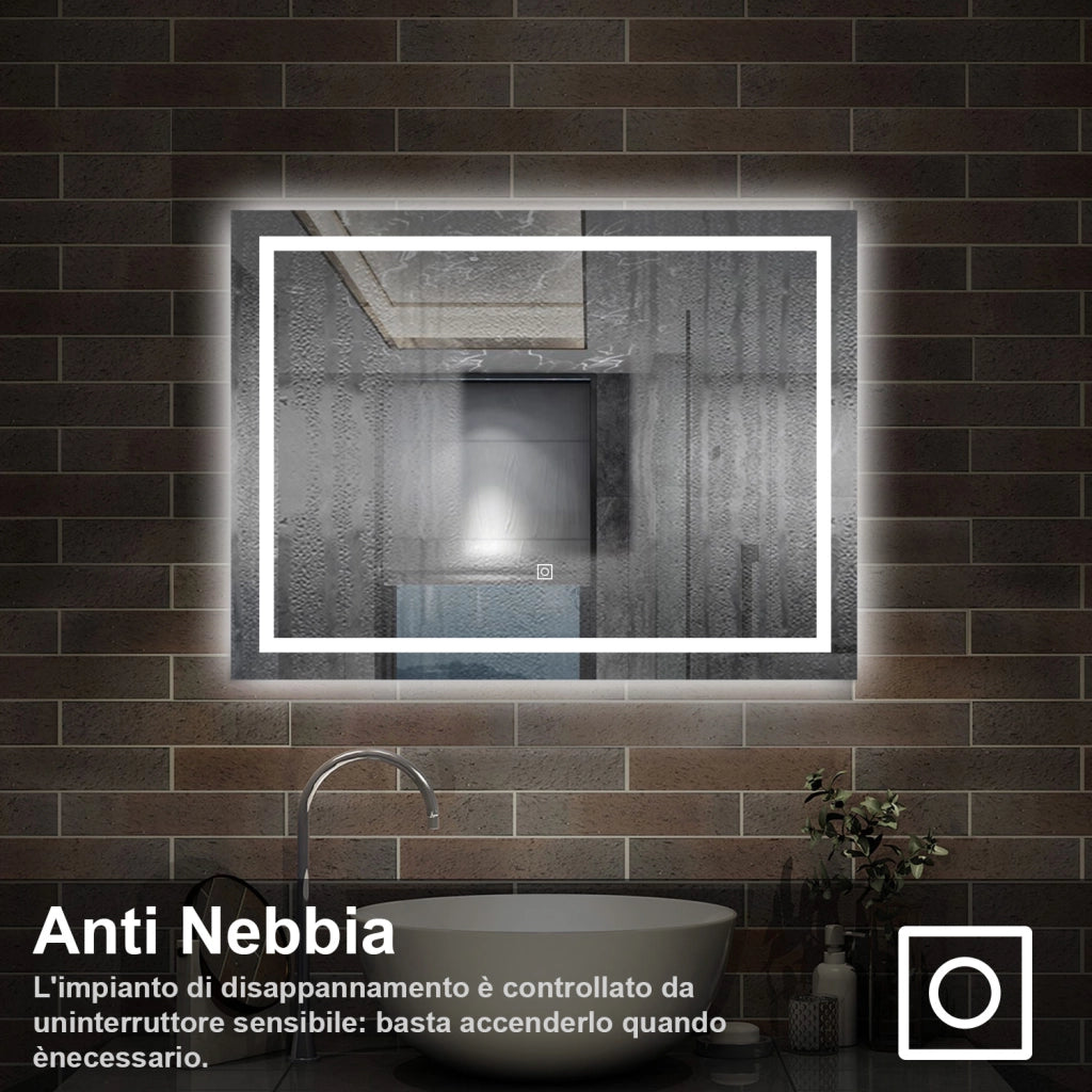 specchio rettangolare 80 x 60 cm con luce led antiappannamento e touch
