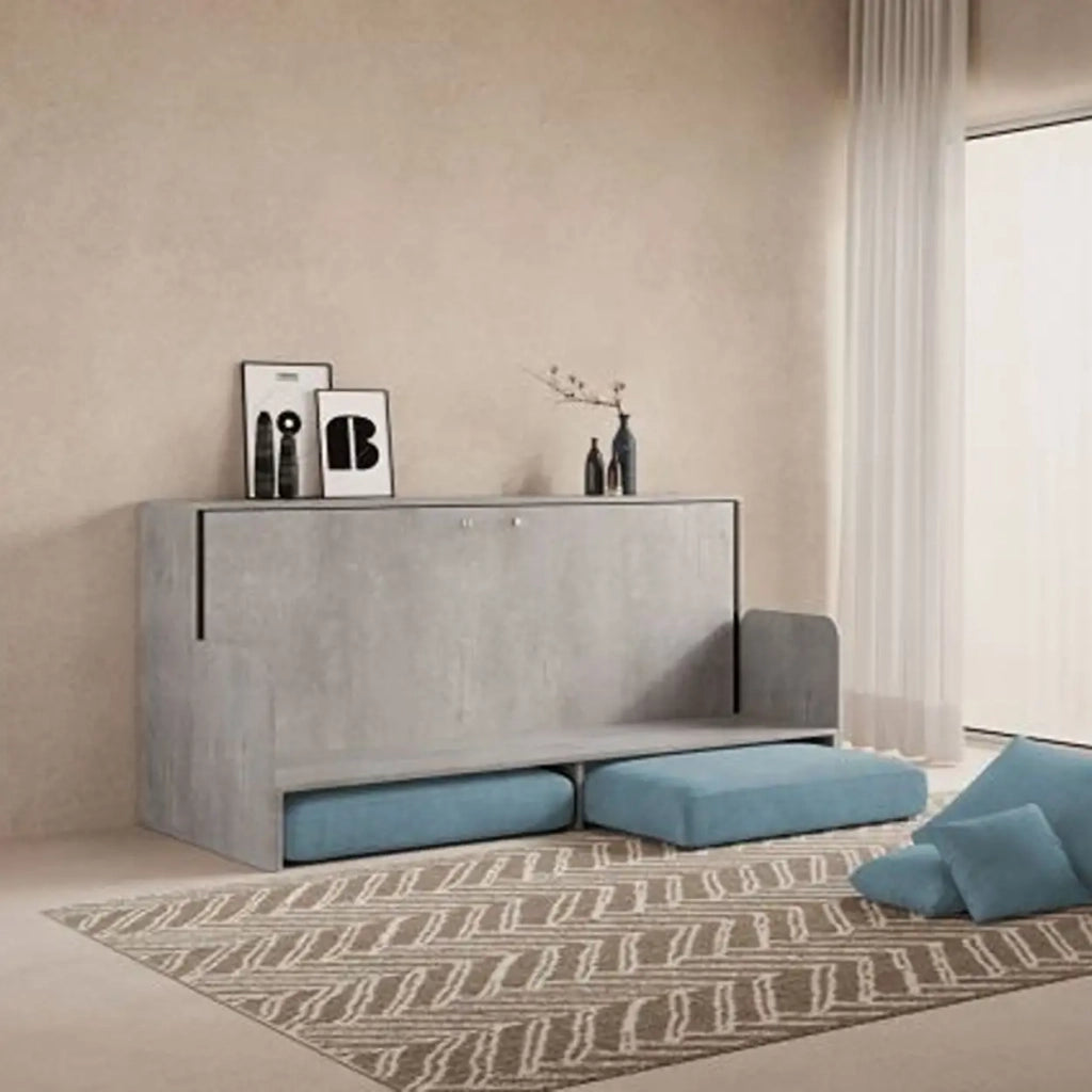 Letto singolo a scomparsa Kando con divano cemento, azzurro