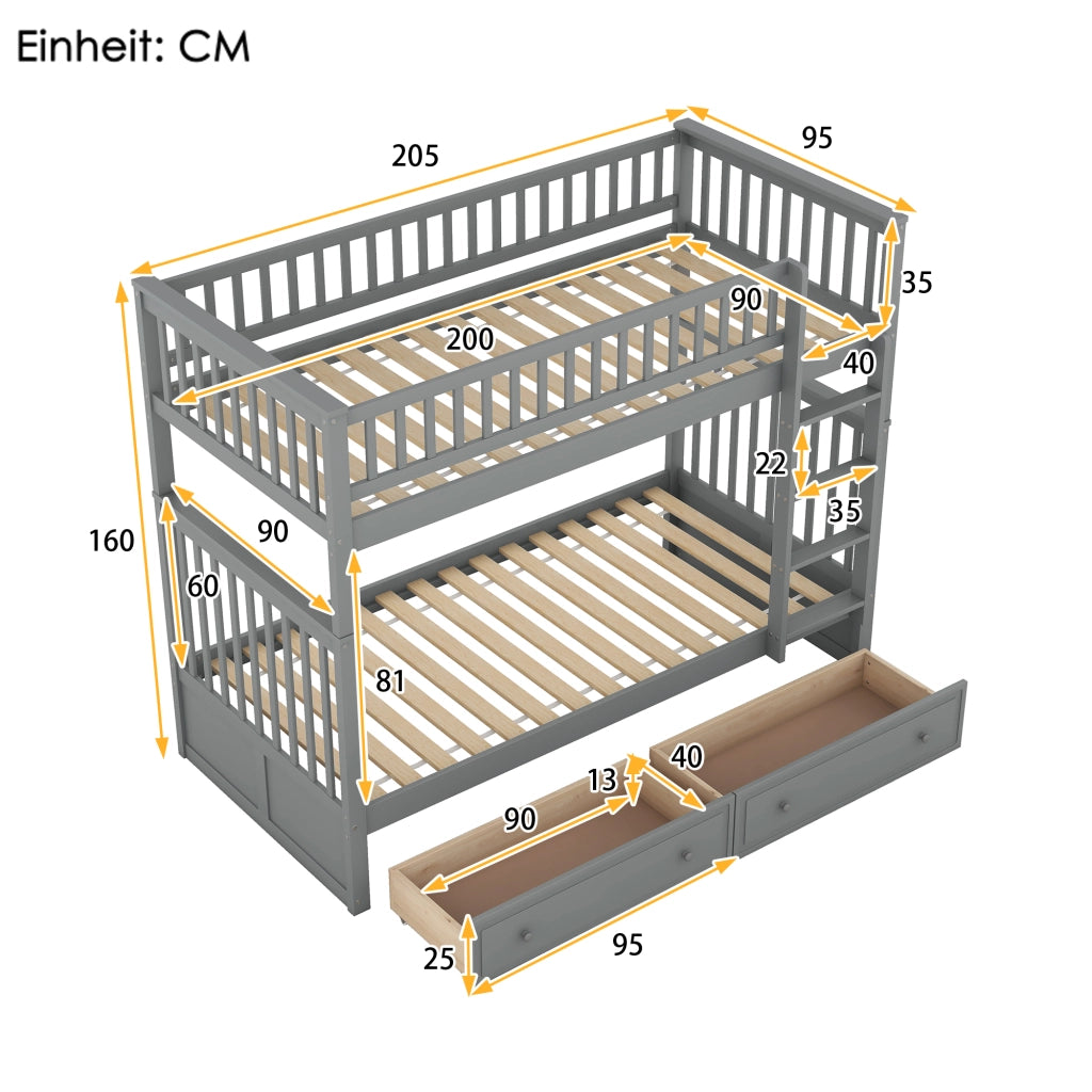 Letto a Castello con Cassetti Cabrio ¨C MINIMAL ¨C Grigio 90x200