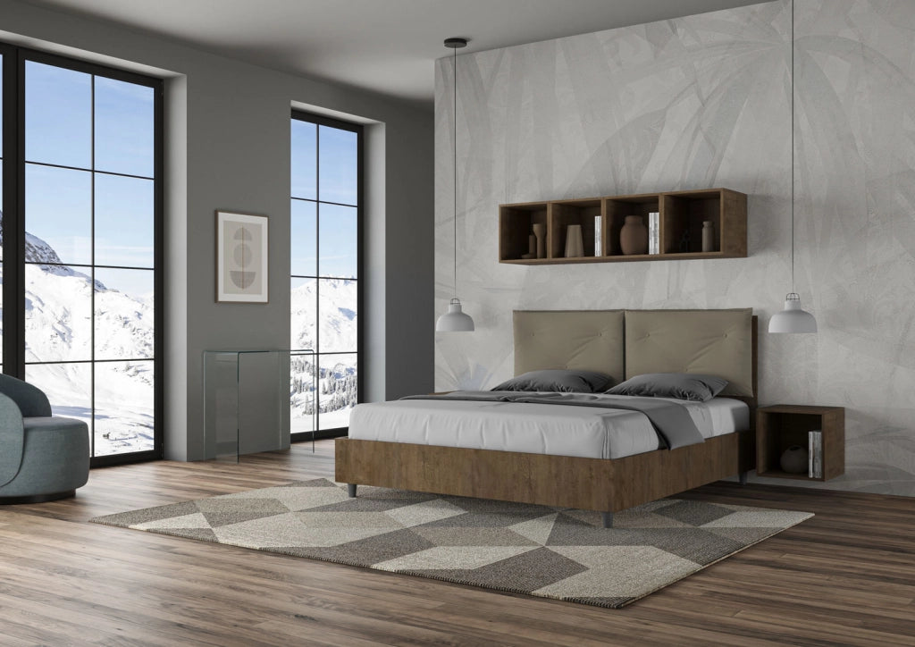 BS COM Letto matrimoniale con rete 160x190 Noce cuscini similpelle cappuccino