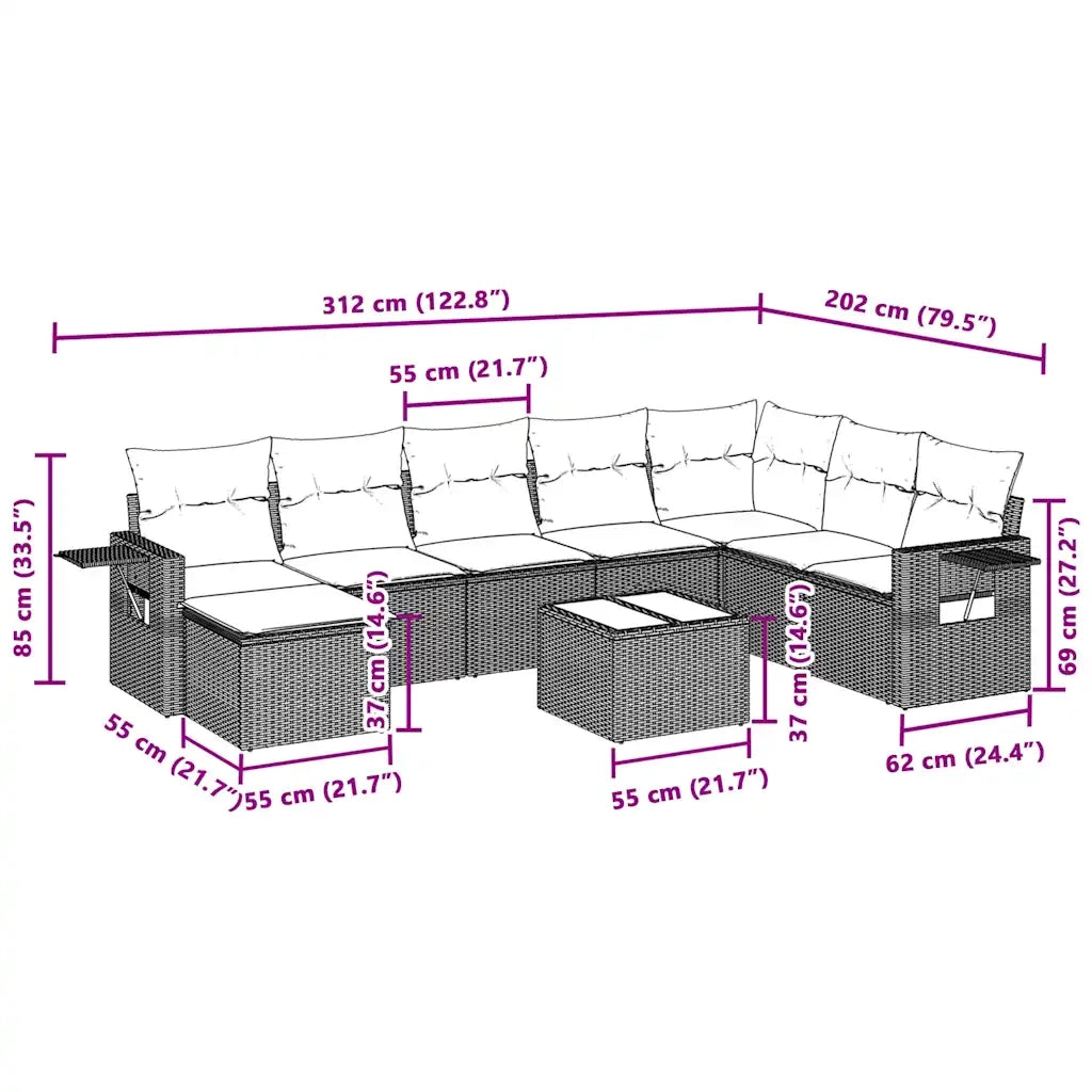 Set Divano da Giardino 9pz con Cuscini Grigio Chiaro Polyrattan 3220571