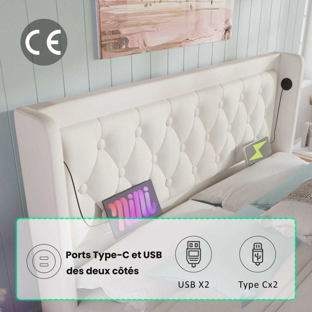OKWISH Letto Contenitore 140×200 cm, Letto Matrimoniale con Contenitore, USB, Type C e LED Regolabile, senza Materasso, PU, Bianco
