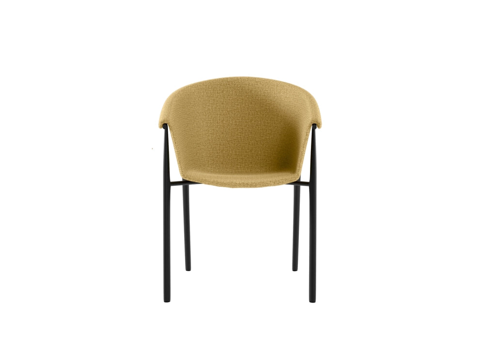 Sedia da pranzo Nari con scocca a guscio imbottita in tessuto Giallo e gambe in metallo Nero dal design moderno - 56x58x79 cm