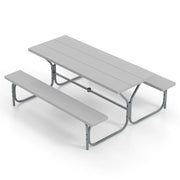Tavolo da picnic con 2 panche da 183cm, Tavolo da pranzo con telaio in metallo piano in HDPE foro per ombrellone Grigio-Tavoli e sedie da campeggio