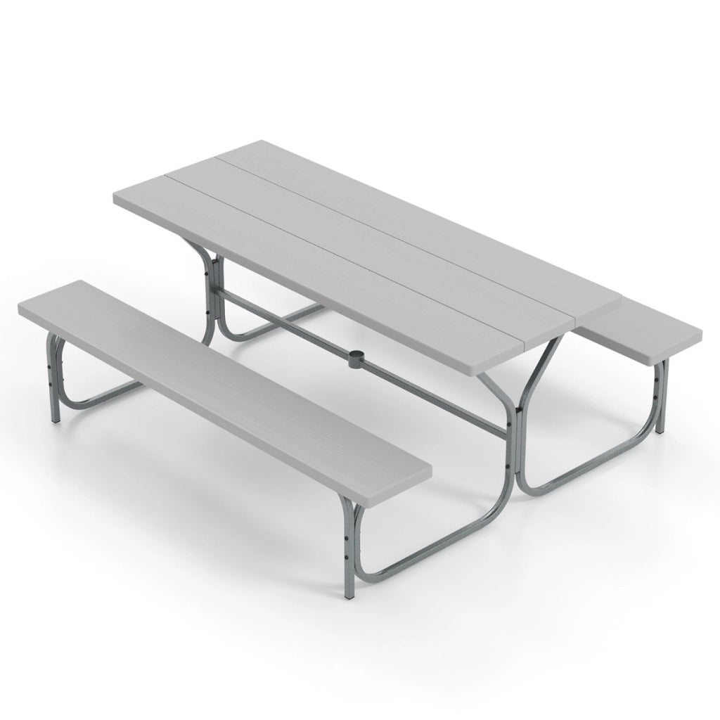 Tavolo da picnic con 2 panche da 183cm, Tavolo da pranzo con telaio in metallo piano in HDPE foro per ombrellone Grigio-Tavoli e sedie da campeggio