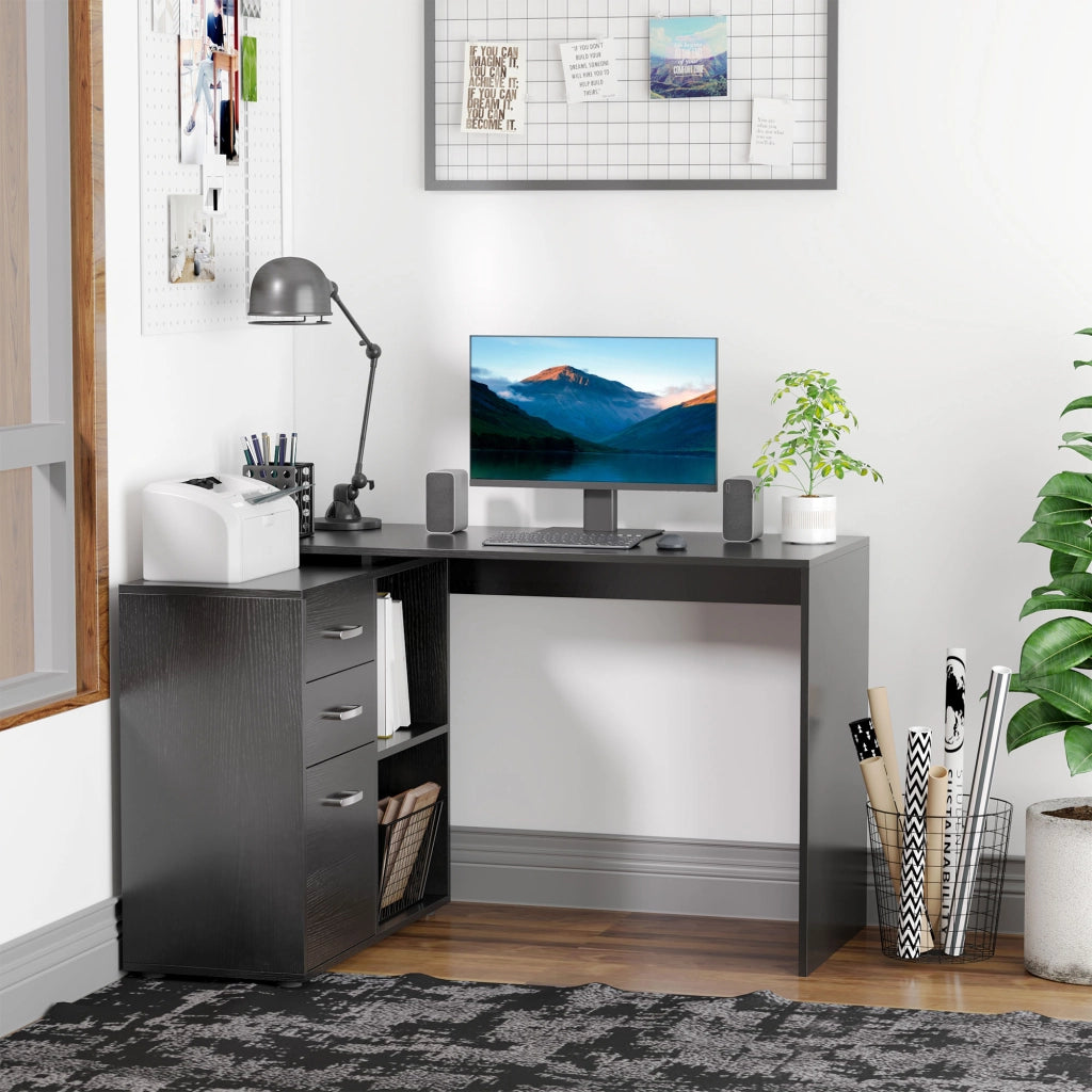 Scrivania Angolare per PC con Cassetti e Ripiani ¨C Minimal ¨C Legno e Metallo, 117x83.5x76 cm, Nero