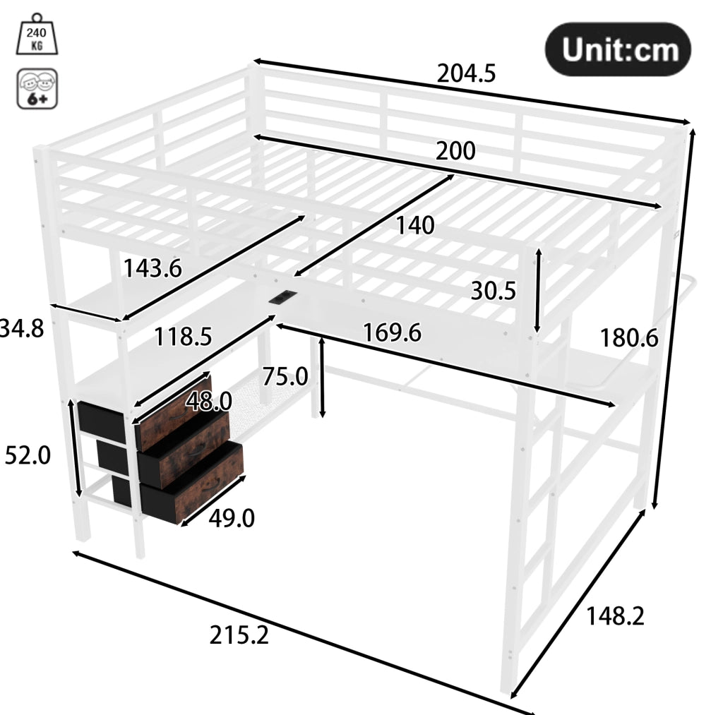 Letto a soppalco 140x200 cm con scrivania, LED, cassetti e presa USB