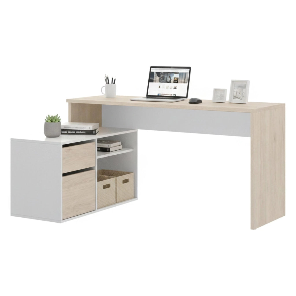 Scrivania Andor, Scrittoio multiposizione da ufficio o cameretta, Tavolo da studio angolare multiuso, 139x92h75 cm, Bianco e Rovere