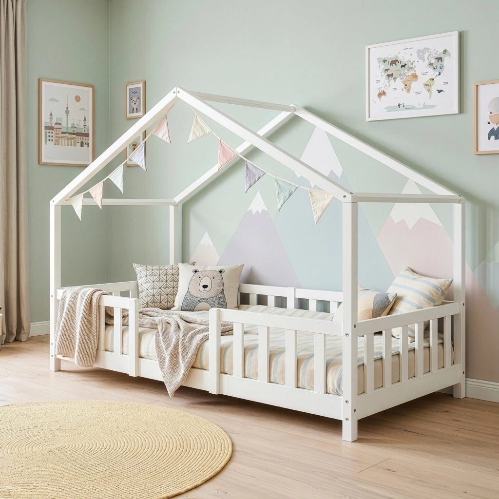 Letto per Cameretta Treviolo a Forma di Casetta in Stile Montessori 90x200 cm Bianco [en.casa]